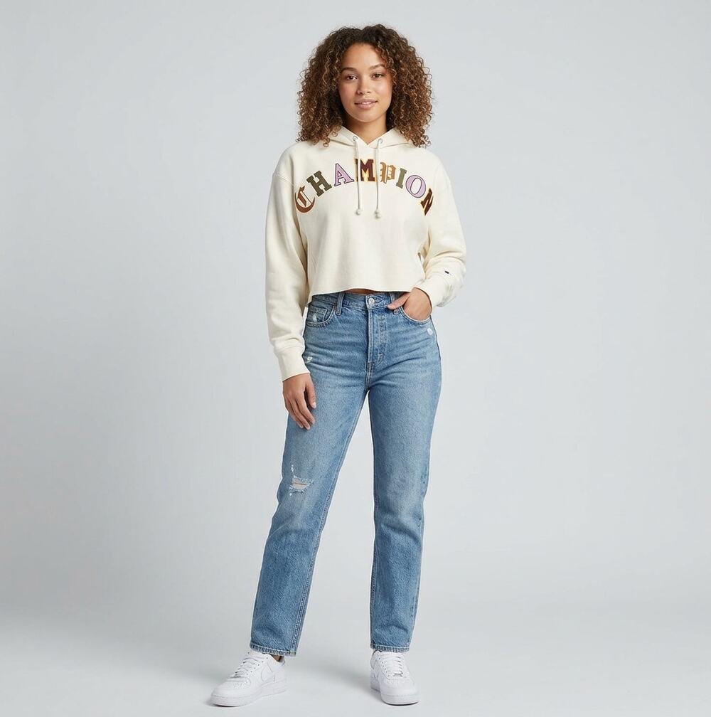 Champion Cropped Hoodie Womens XL Cream Logo Streetwear Skate School Pullover